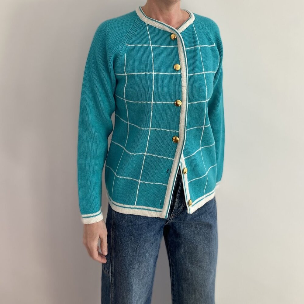 Vintage 60s Turquoise Window Pane Cardigan – Cream Piping, Rounded Collar-Size M